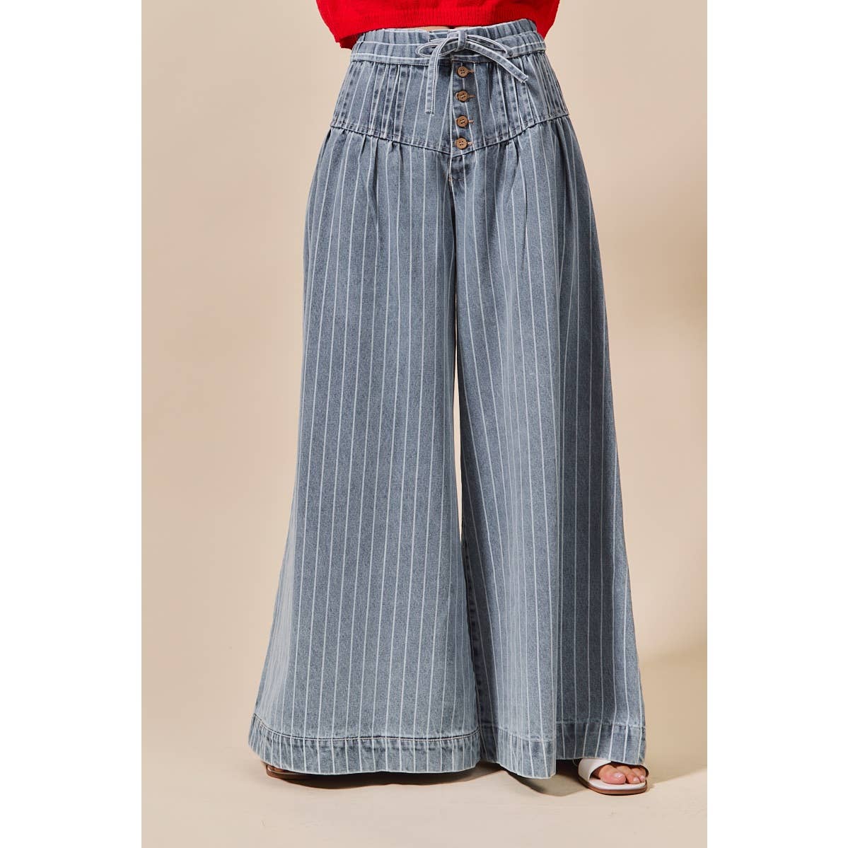 STRIPE DENIM WIDE LEG JEANS WITH BUTTON CLOSURE