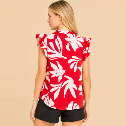 Bold Floral Print Flutter Sleeve Split Neck Blouse