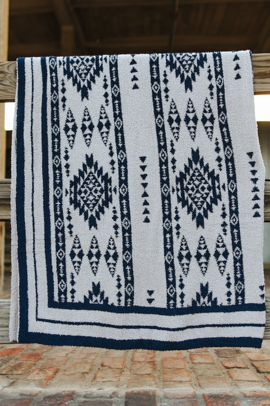Ivory Blue Aztec Knitted Polyester Microfiber Blanket