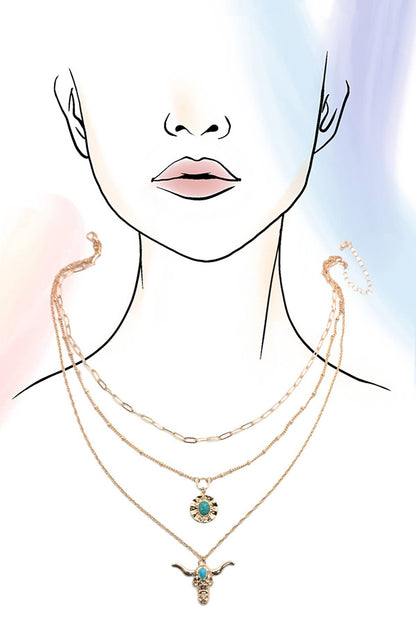 TURQ BULL HEAD LAYERED NECKLACE