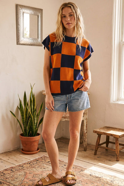 Checkered Knit Sleeveless Top