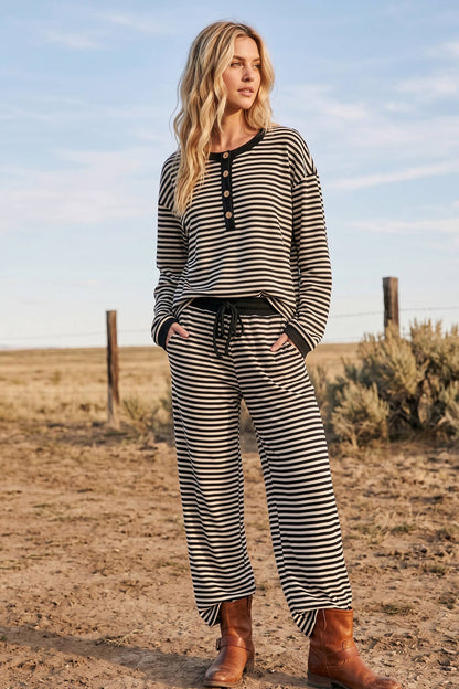 Striped Button Henley Brushed Lounge Set