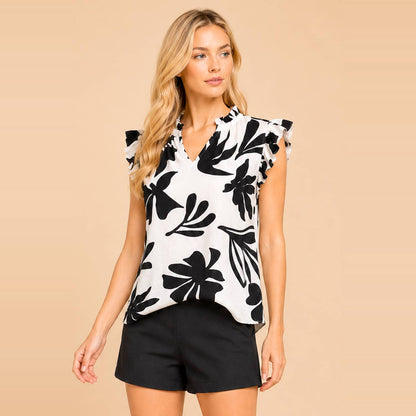 Bold Floral Print Flutter Sleeve Split Neck Blouse