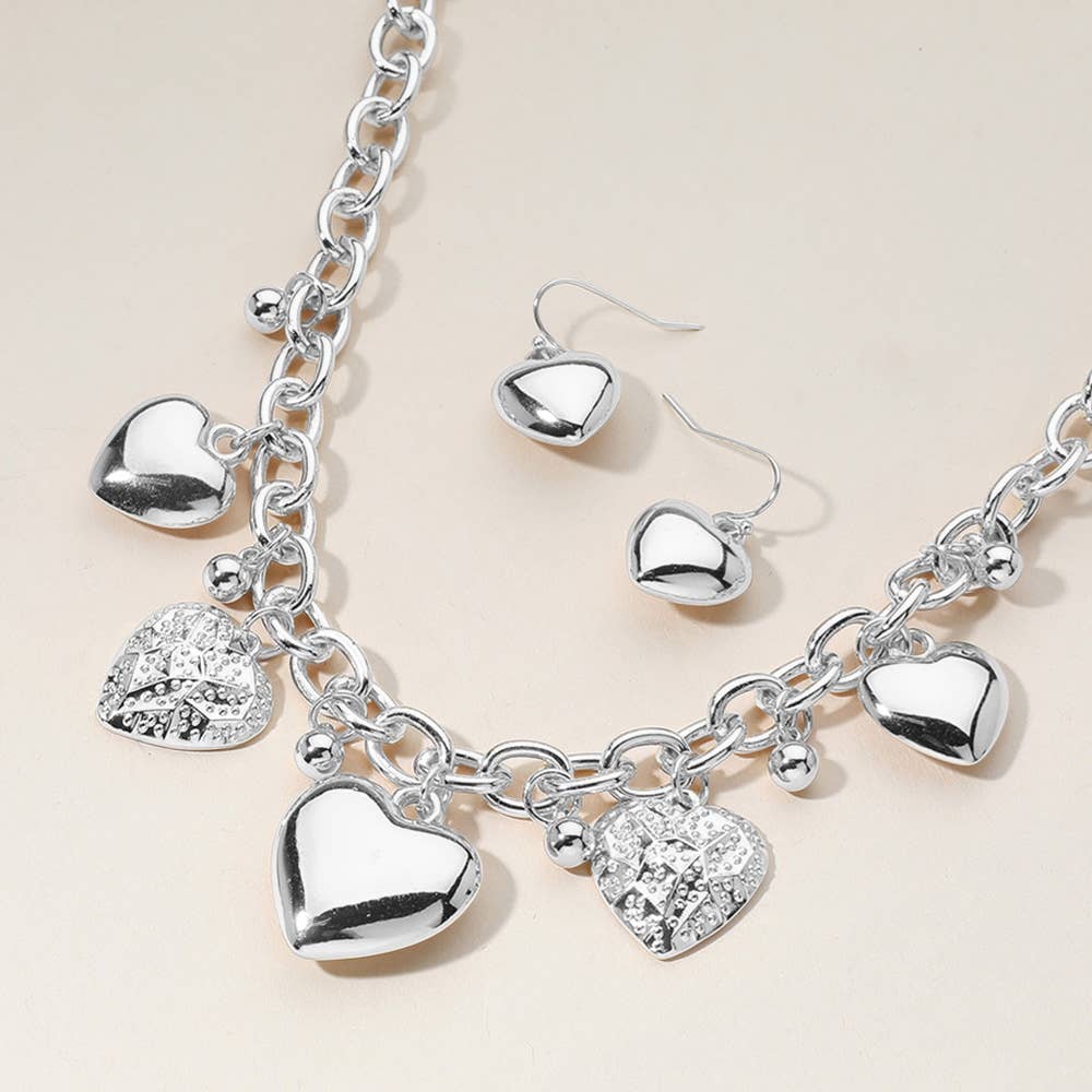 Metal Heart Charm Station Chunky Chain Necklace