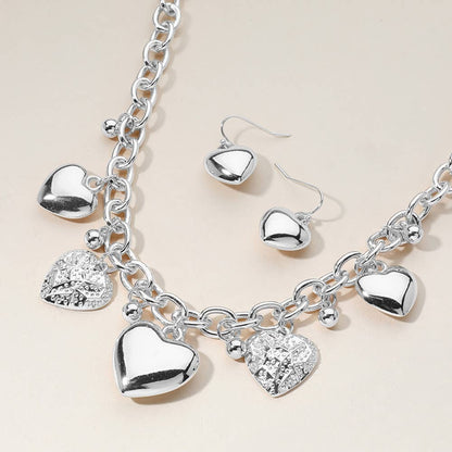 Metal Heart Charm Station Chunky Chain Necklace