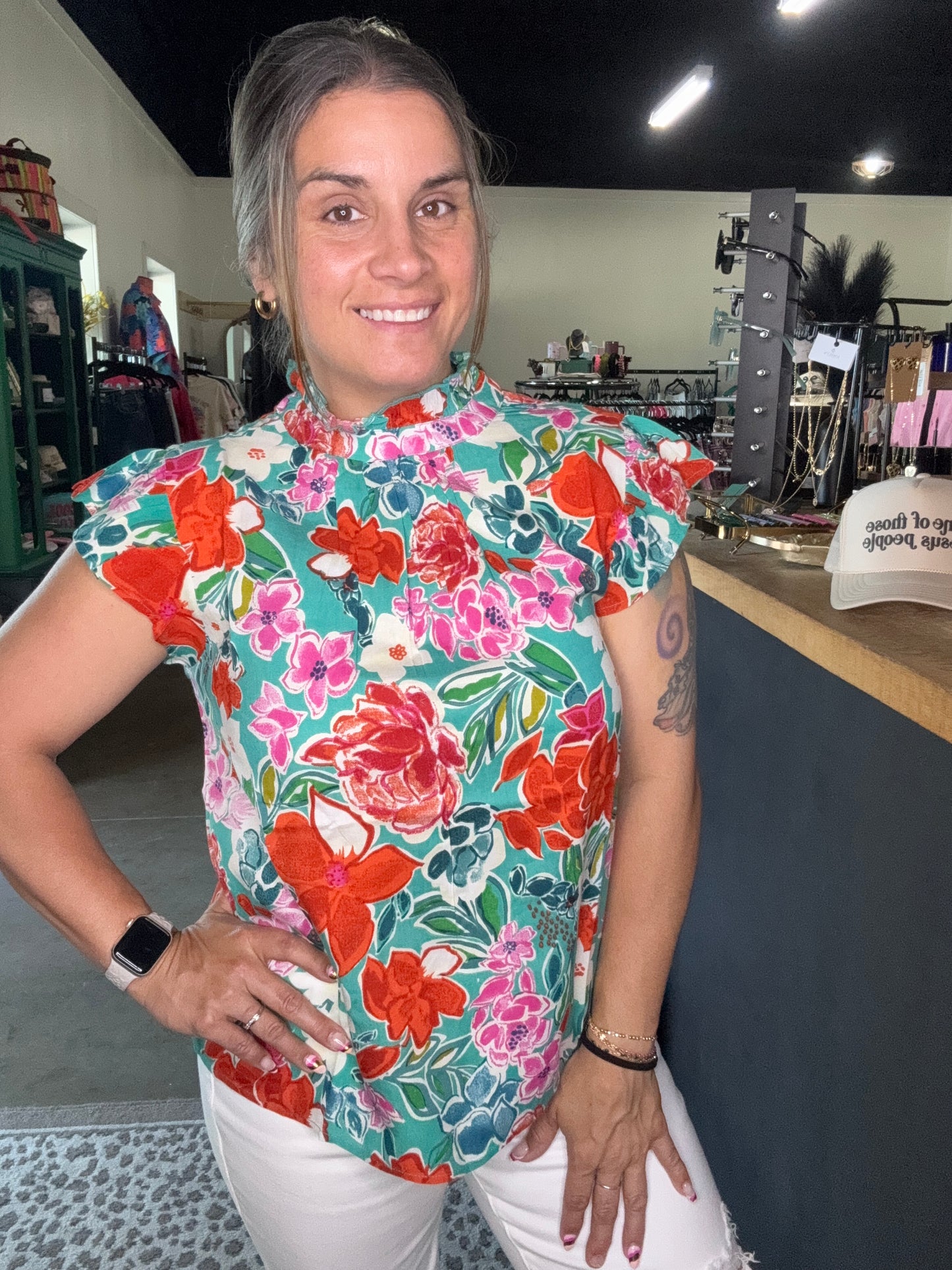 Ruffle Sleeve Flower Print Top