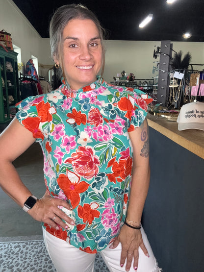 Ruffle Sleeve Flower Print Top