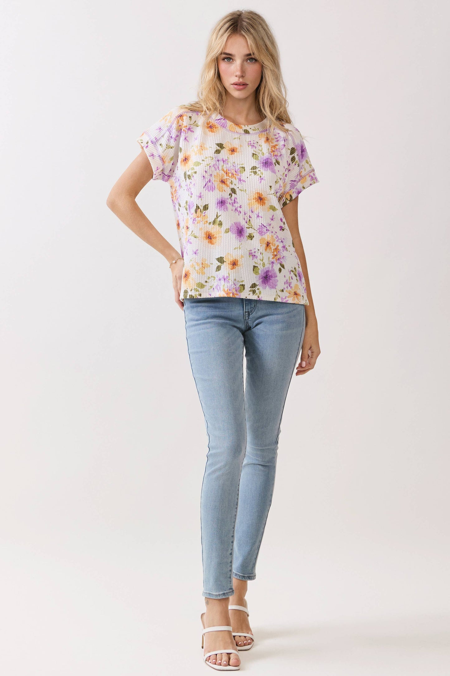 Floral Ribbed Short Sleeve Knit Top