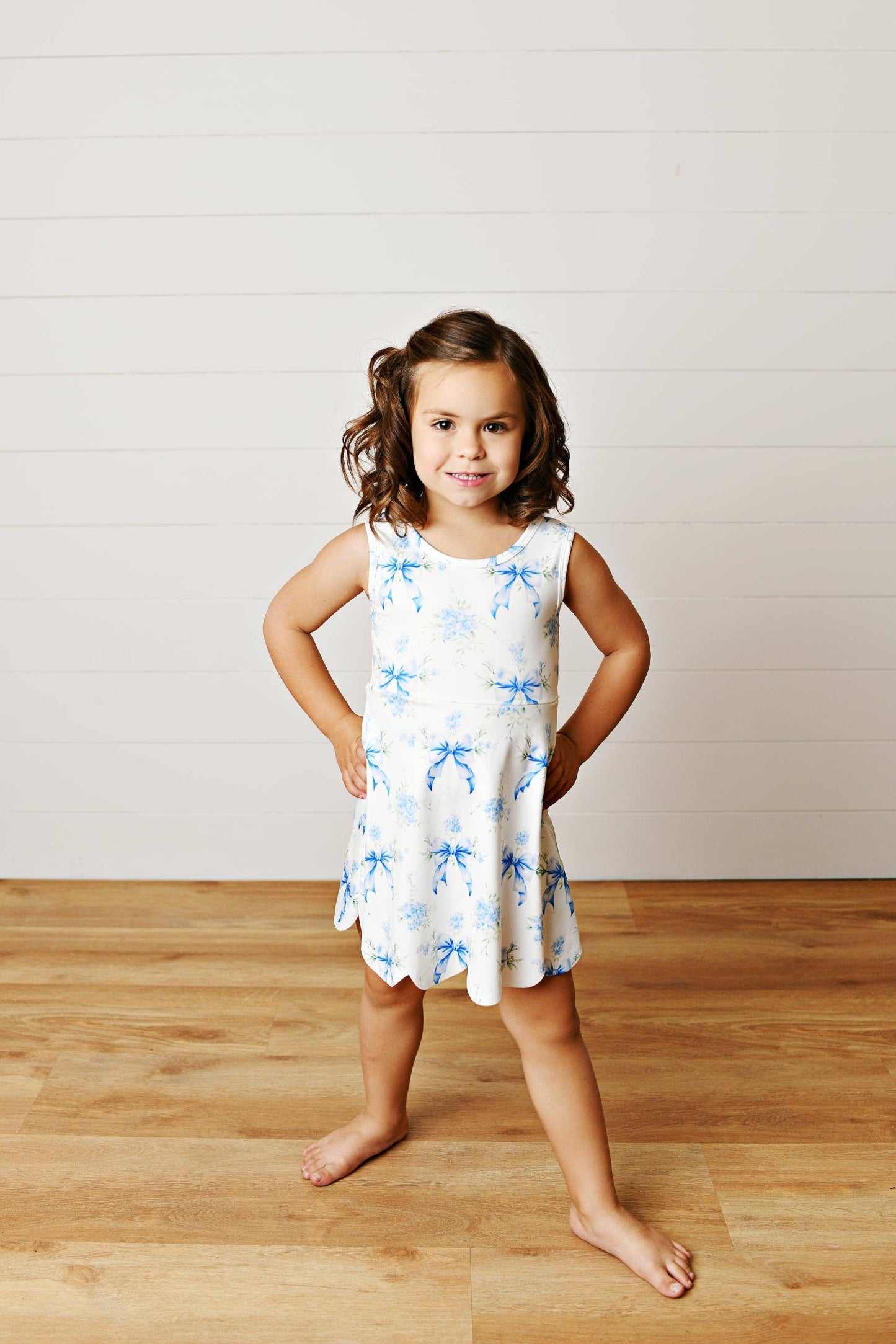 Girls White & Blue Bow Athletic Active Sport Scalloped Dress