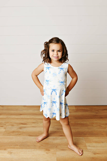 Girls White & Blue Bow Athletic Active Sport Scalloped Dress
