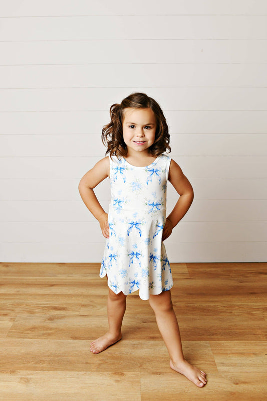 Girls White & Blue Bow Athletic Active Sport Scalloped Dress
