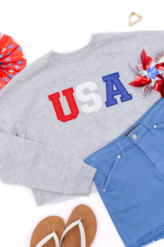 PREORDER: Cropped Length Embroidered Glitter USA Sweatshirt