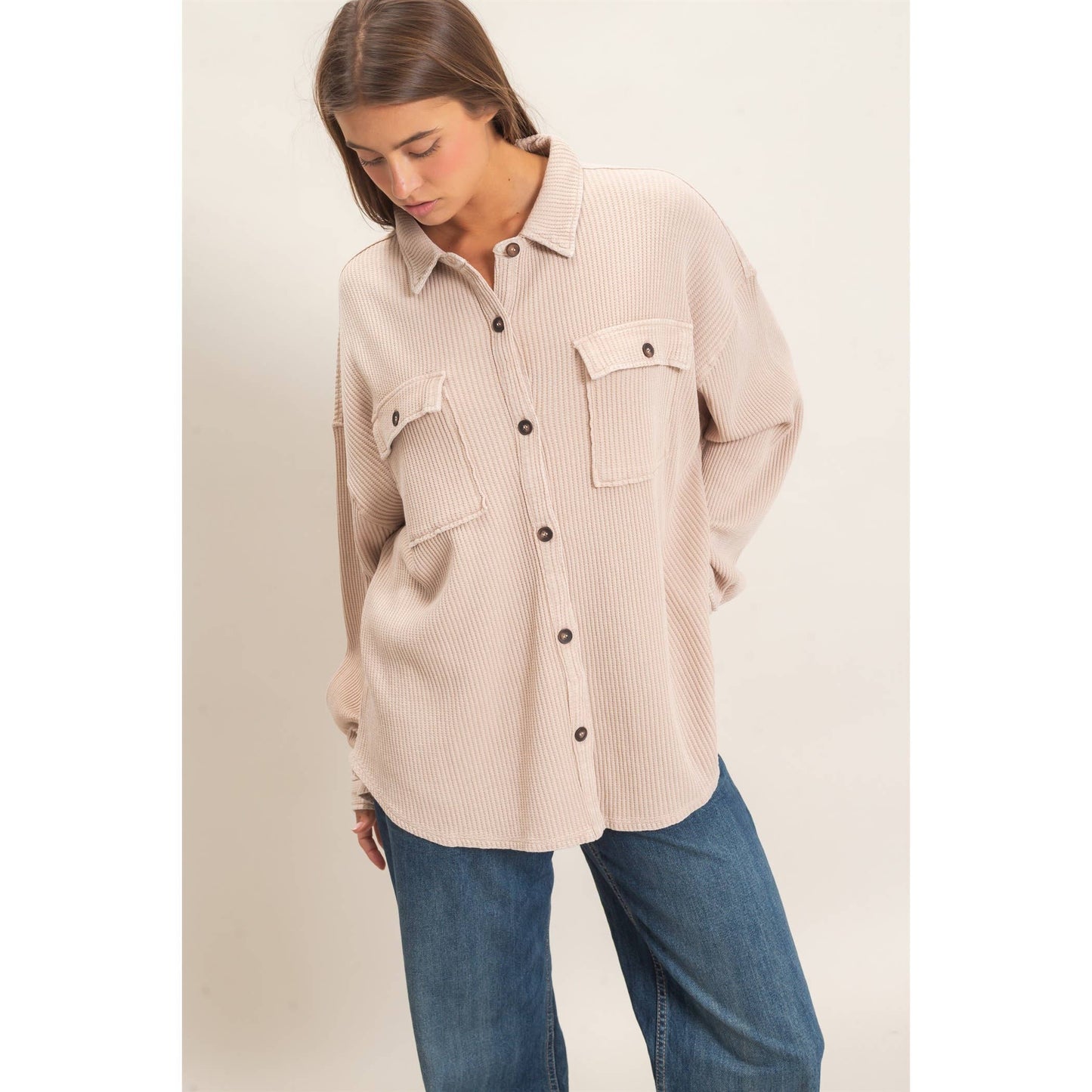 Waffle Knit Button-Up Shacket
