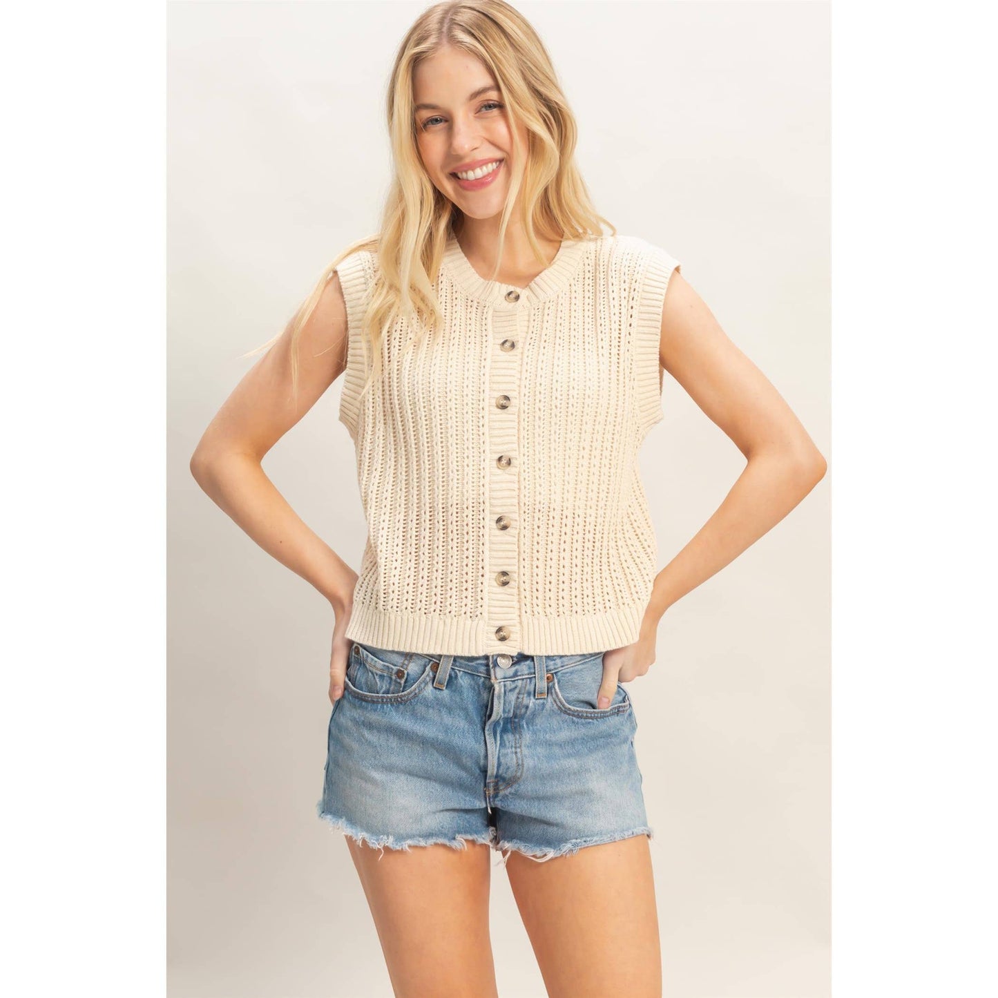 Sleeveless Ribbed Button Top