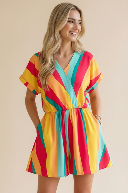 Plus V Neck Multi Stripe Romper