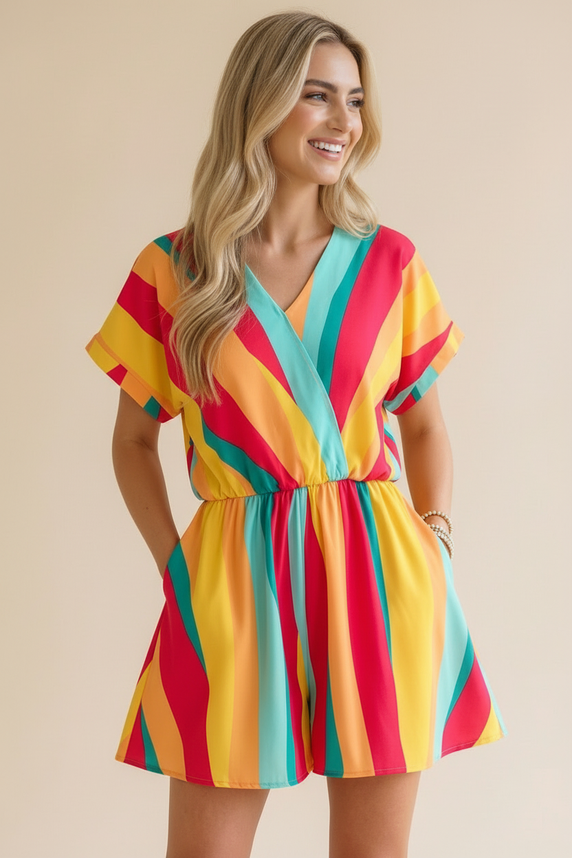 V Neck Multi Stripe Romper