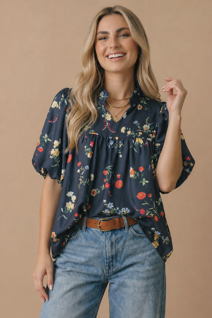Plus Notch Neck Floral Empire Waist Woven Top