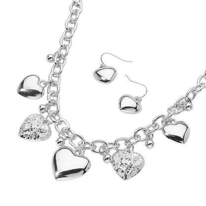 Metal Heart Charm Station Chunky Chain Necklace