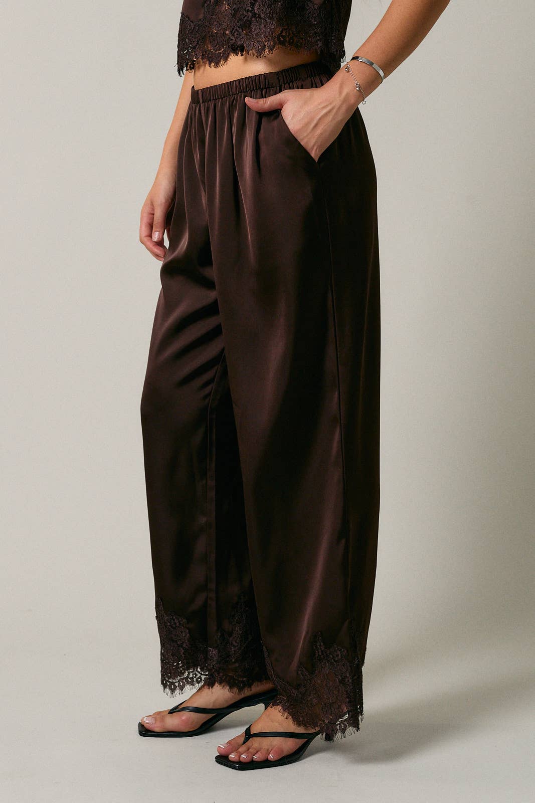 ELASTIC WAIST LACE TRIM WIDE LEG PANTS