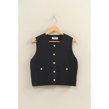Textured Button Vest With Pocket