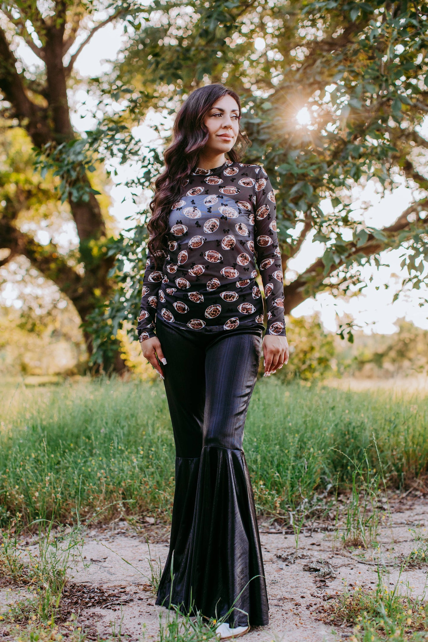 Bows & Football LS Mesh Top