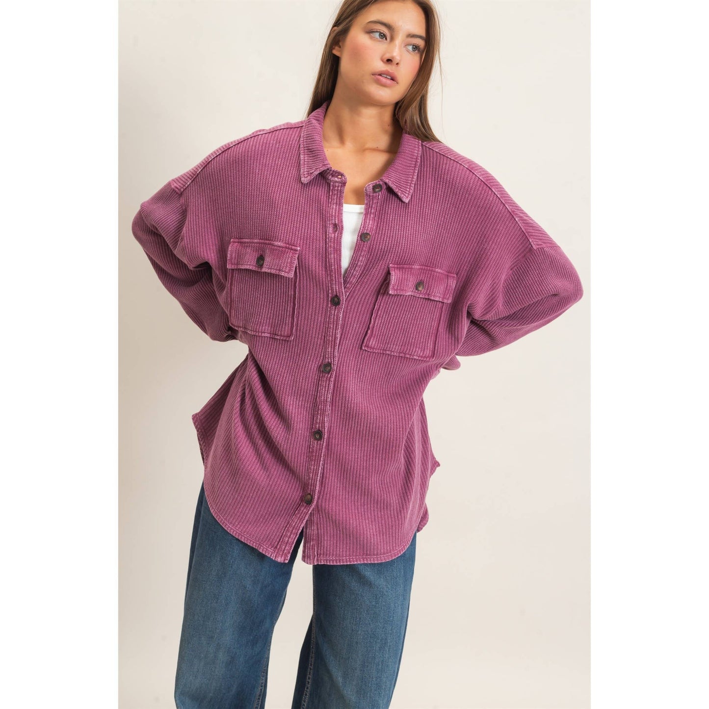 Waffle Knit Button-Up Shacket