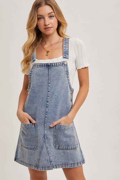 DENIM OVERALL MINI DRESS WITH POCKETS