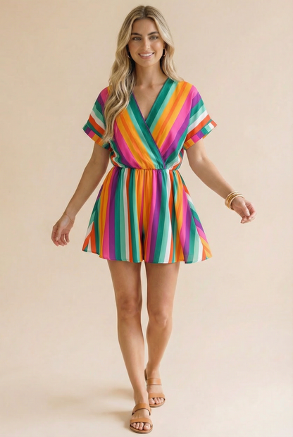 Plus V Neck Multi Stripe Romper