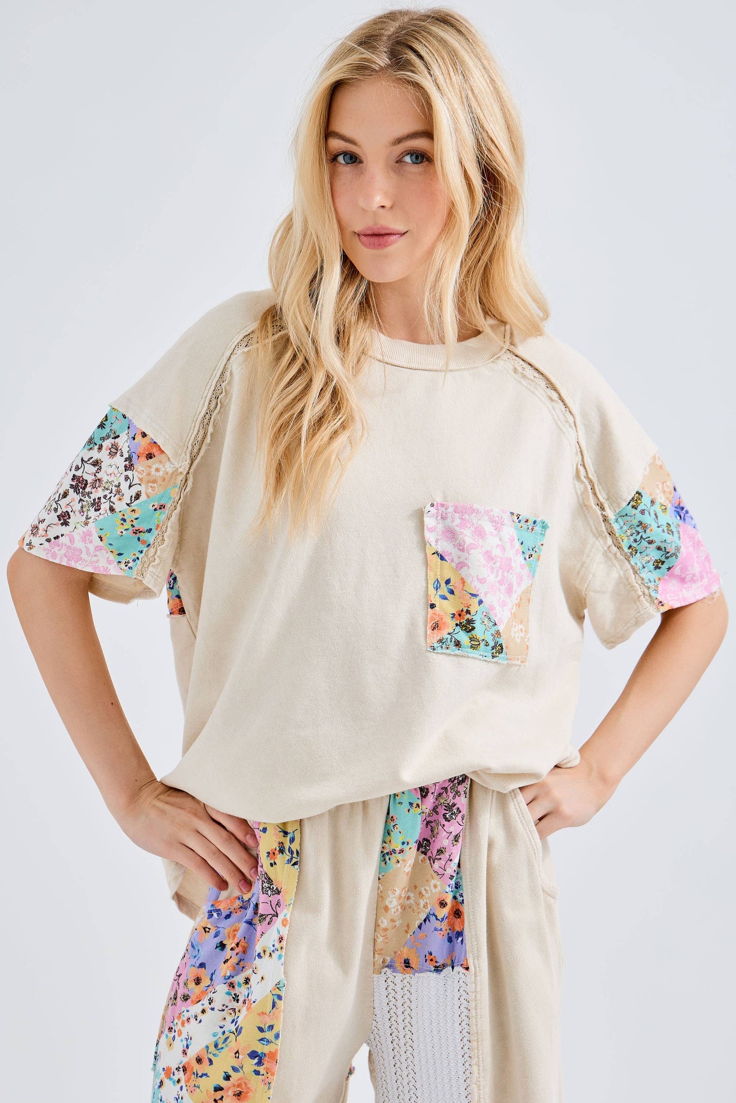 Floral Patch Top with Lace