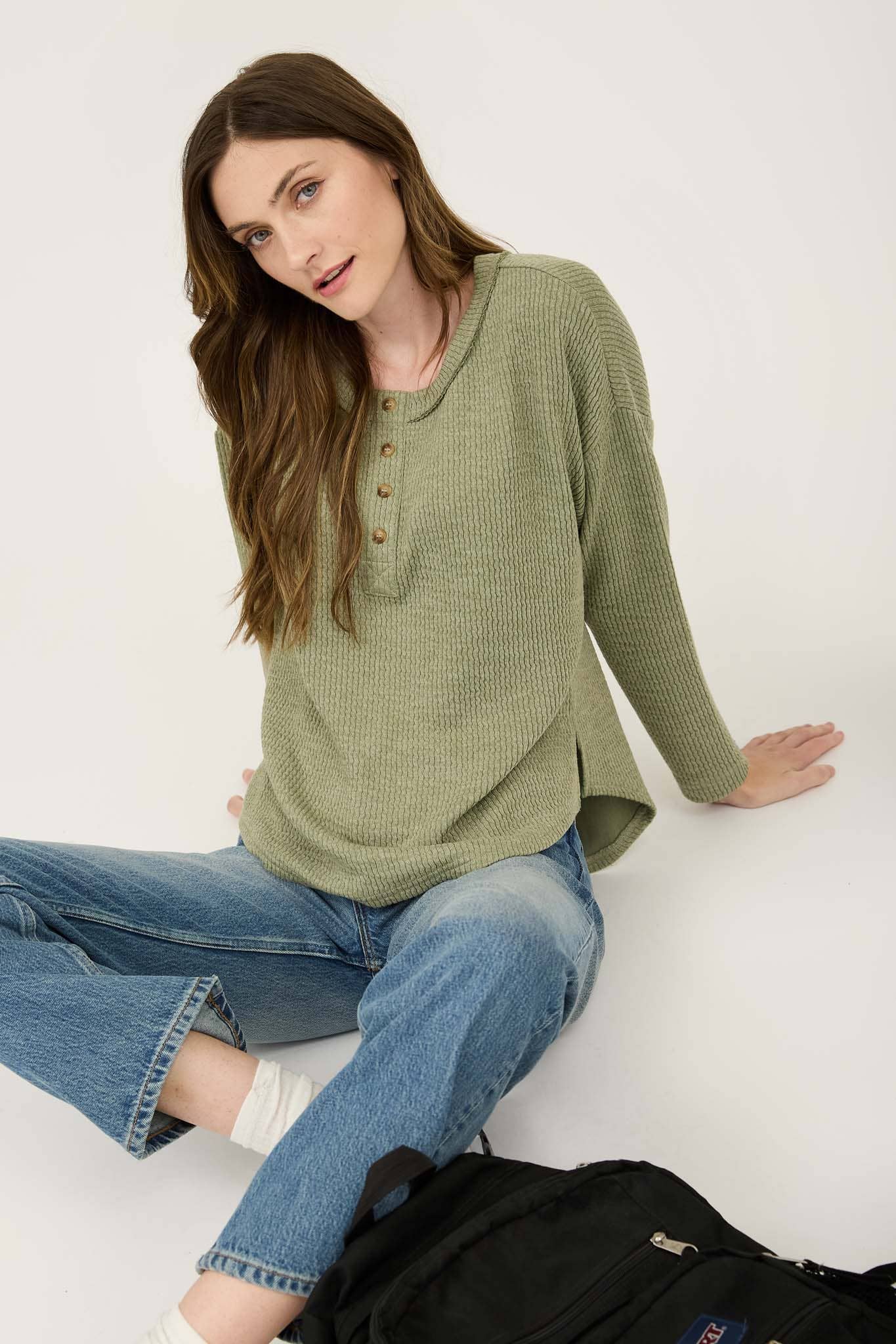 WAFFLE KNIT HENLEY TOP