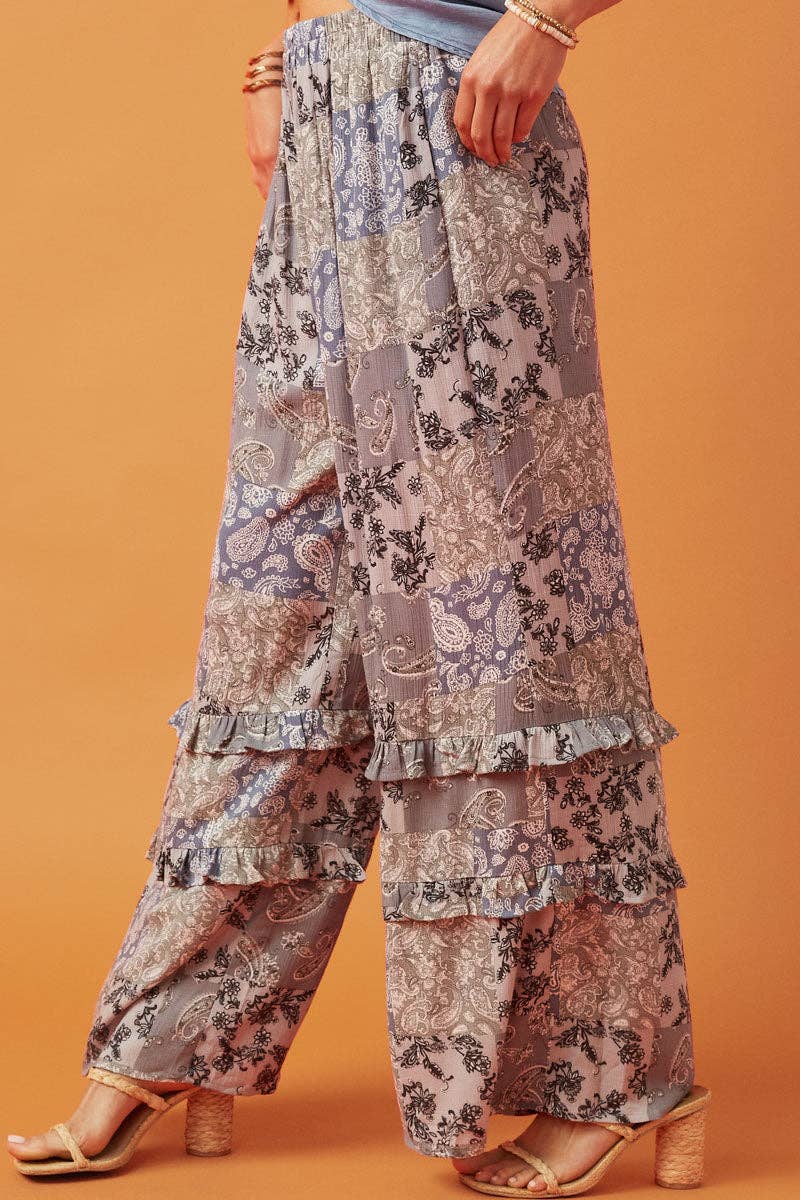 Ruffle Paisley Wide Leg Pants