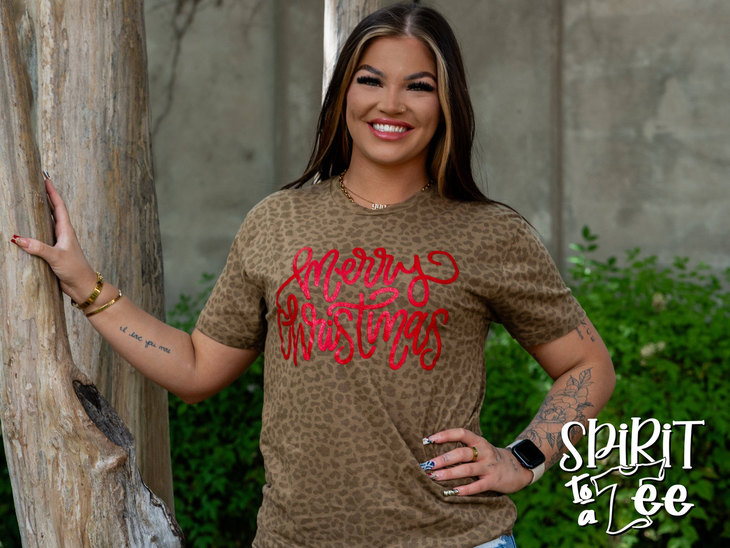 Merry Christmas Glitter - Animal Print Christmas Tee