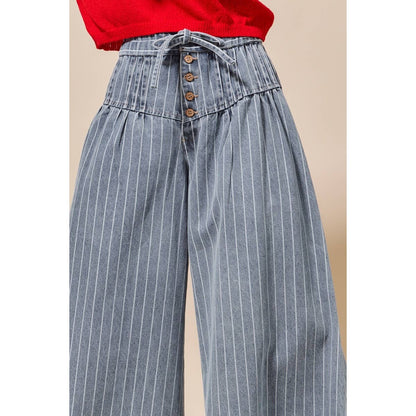 STRIPE DENIM WIDE LEG JEANS WITH BUTTON CLOSURE