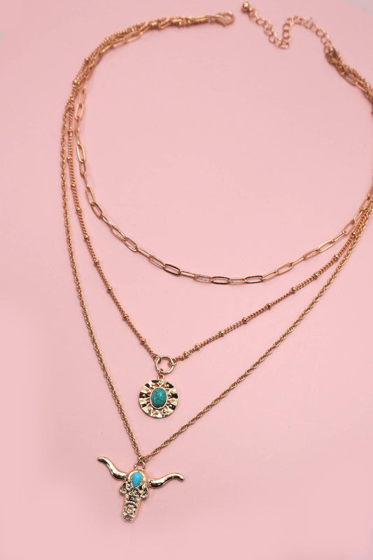 TURQ BULL HEAD LAYERED NECKLACE