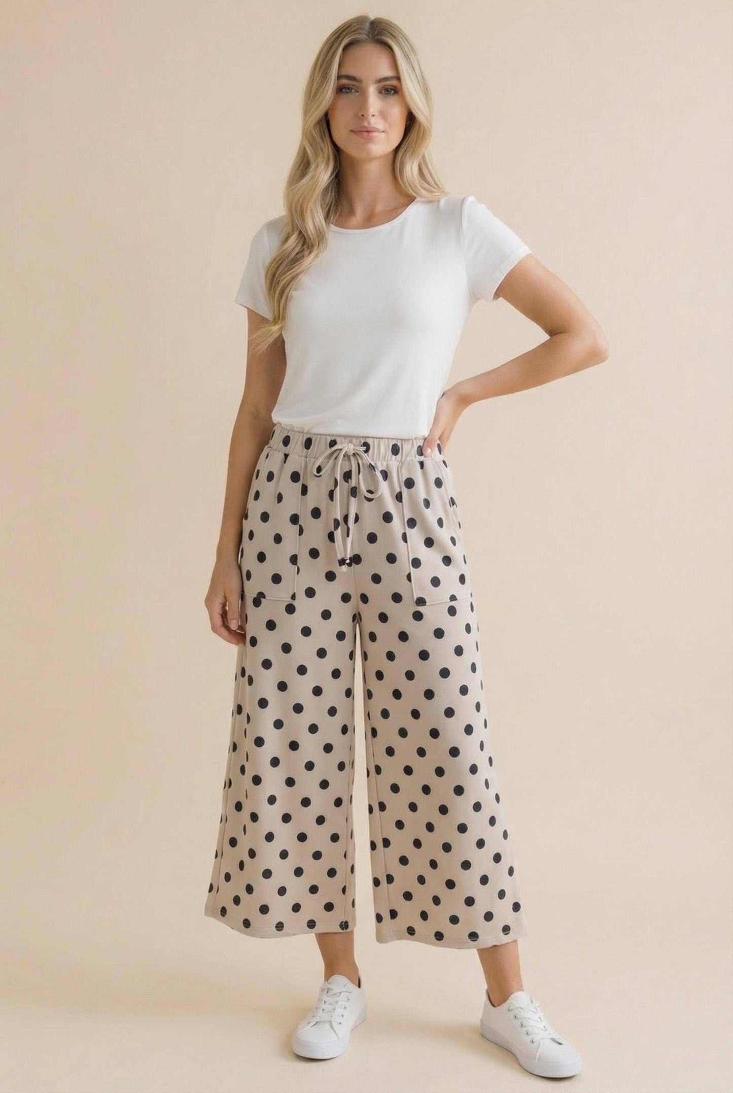 Plus Elastic Waist Polka Dot Pants