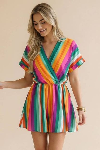 Plus V Neck Multi Stripe Romper
