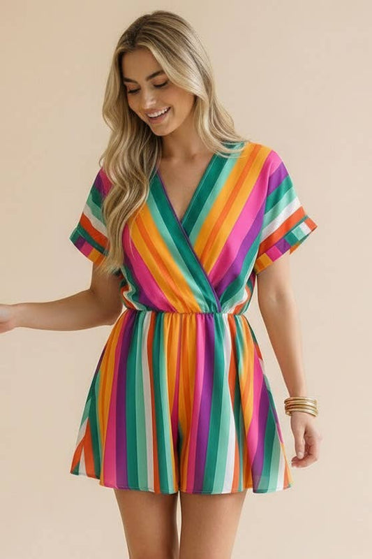 V Neck Multi Stripe Romper