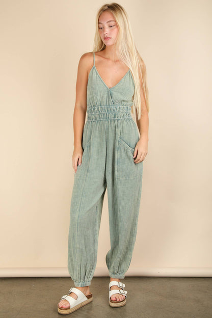 NP70837-Mineral Washed Cotton Gauze Casual Jumpsuit