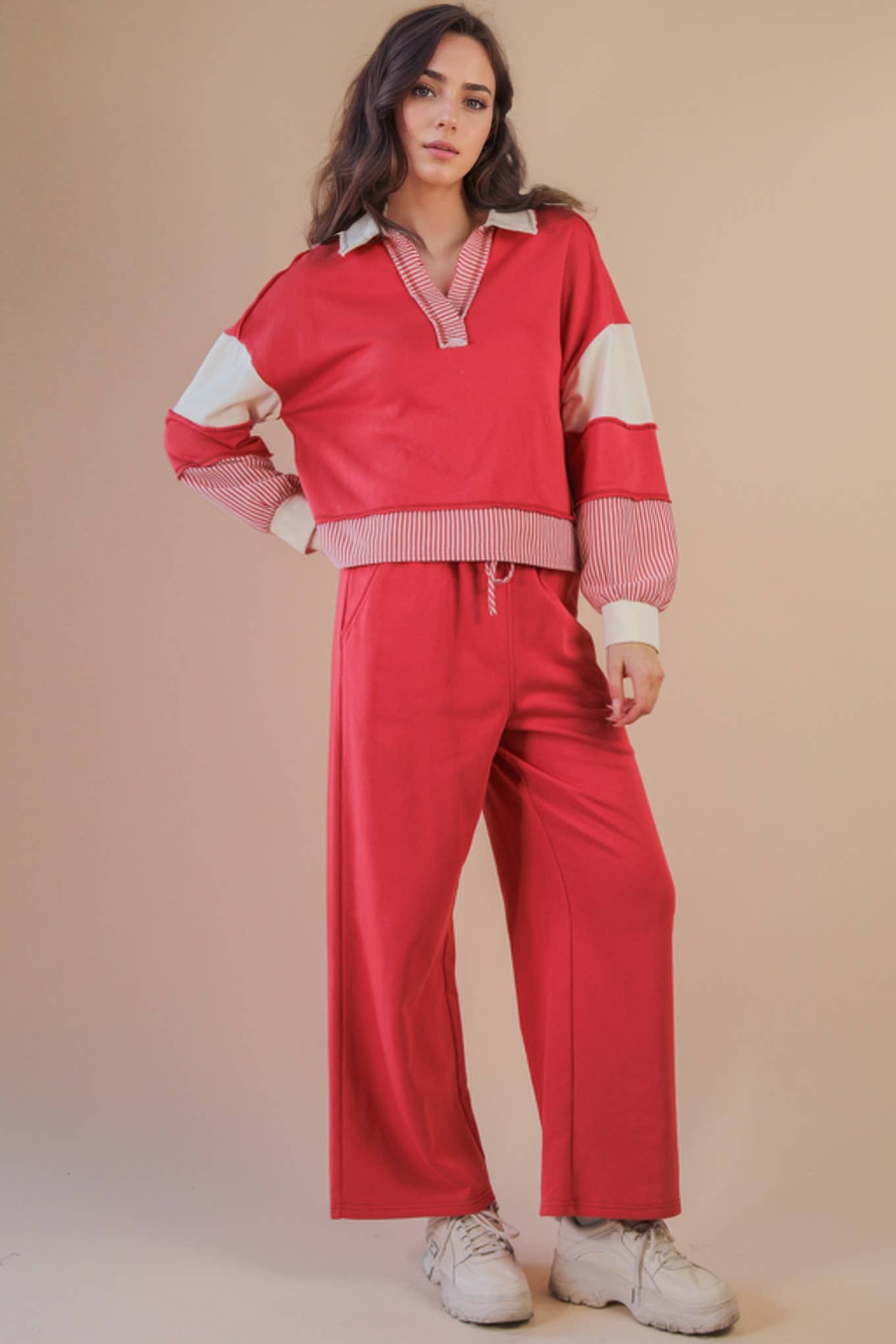 NT12348SET-Color Block Casual Knit Top & Pants Set