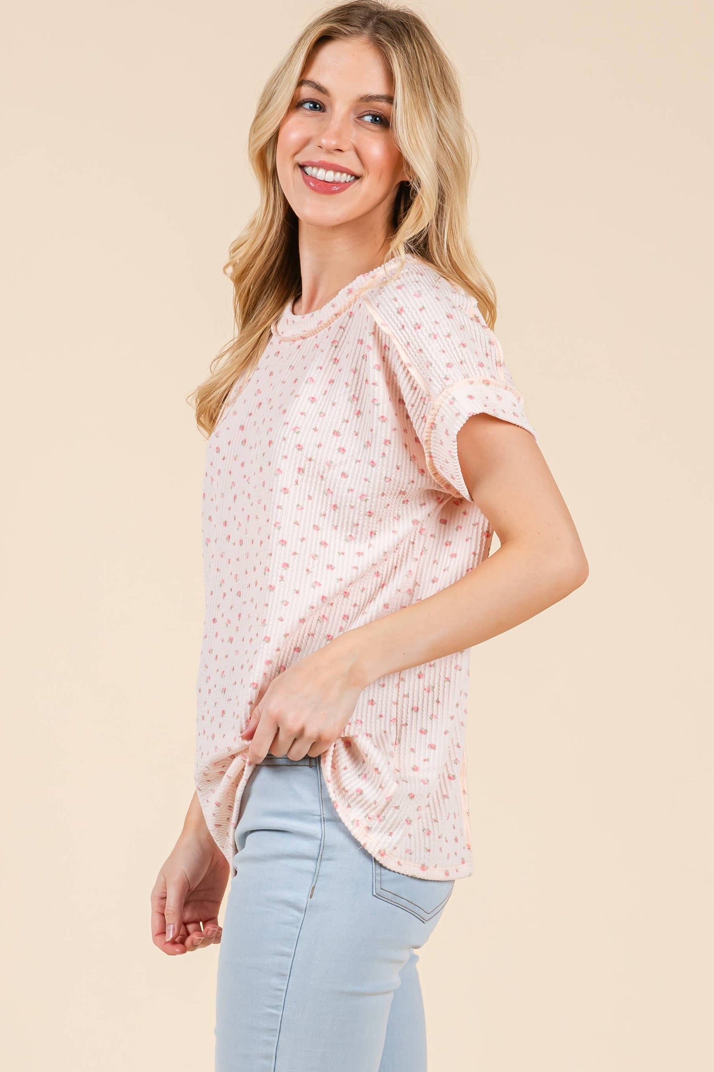 Pink Floral Rib Knit Tee