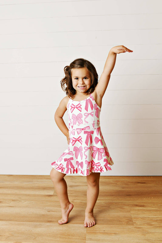 Girls White & Pink Bow Athletic Active Sport Ruffle Dress