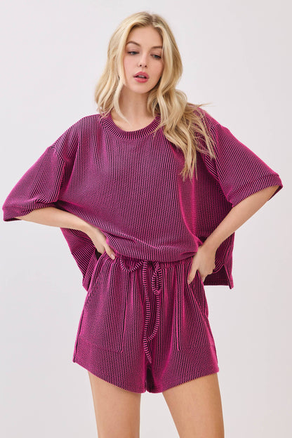 RIBBED ROUND NECK TOP AND SHORTS SET