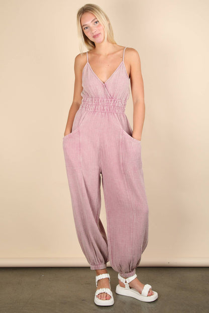 NP70837-Mineral Washed Cotton Gauze Casual Jumpsuit