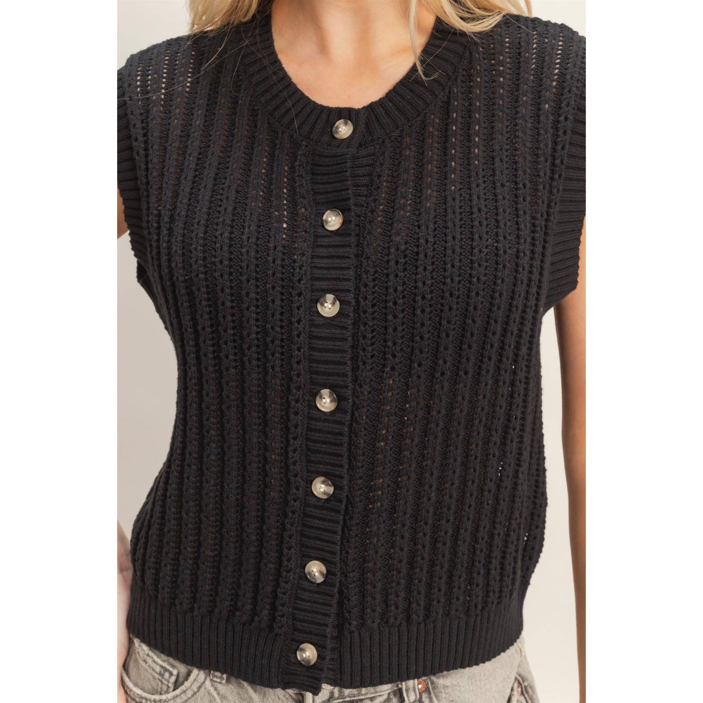 Sleeveless Ribbed Button Top
