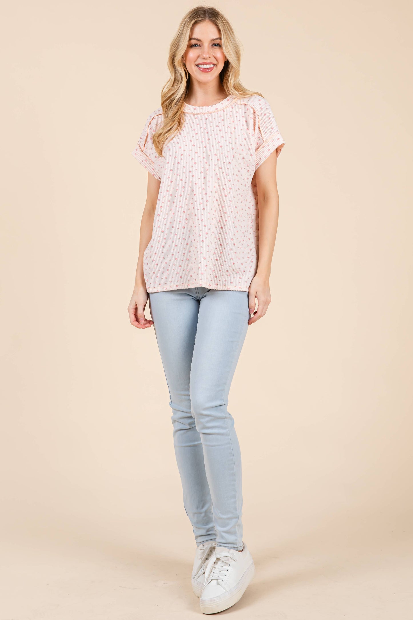 Pink Floral Rib Knit Tee