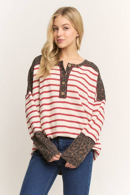 STRIPE & LEOPARD HENLEY - Plus