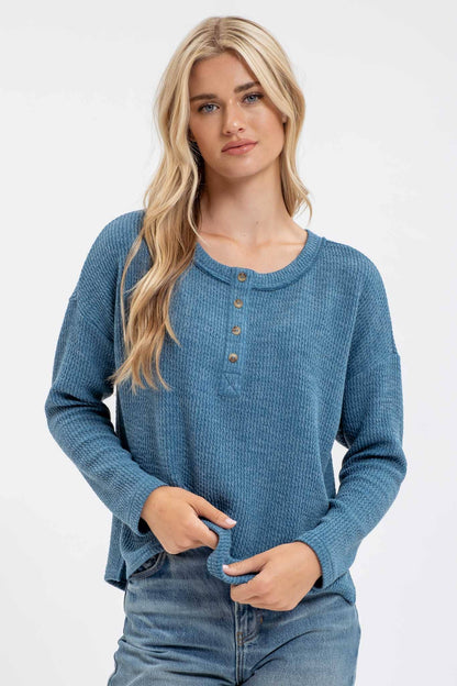 WAFFLE KNIT HENLEY TOP