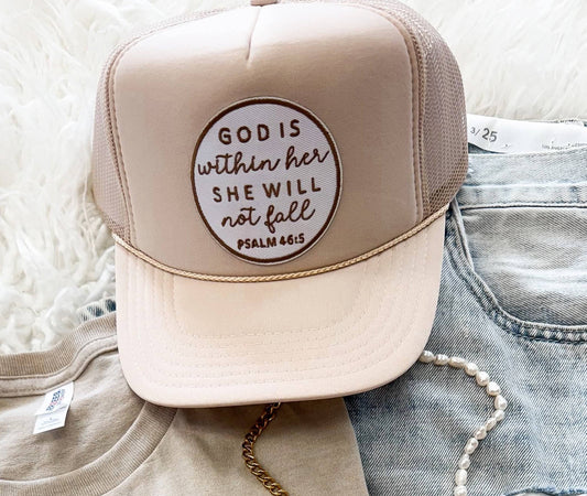 God is within her trucker hat