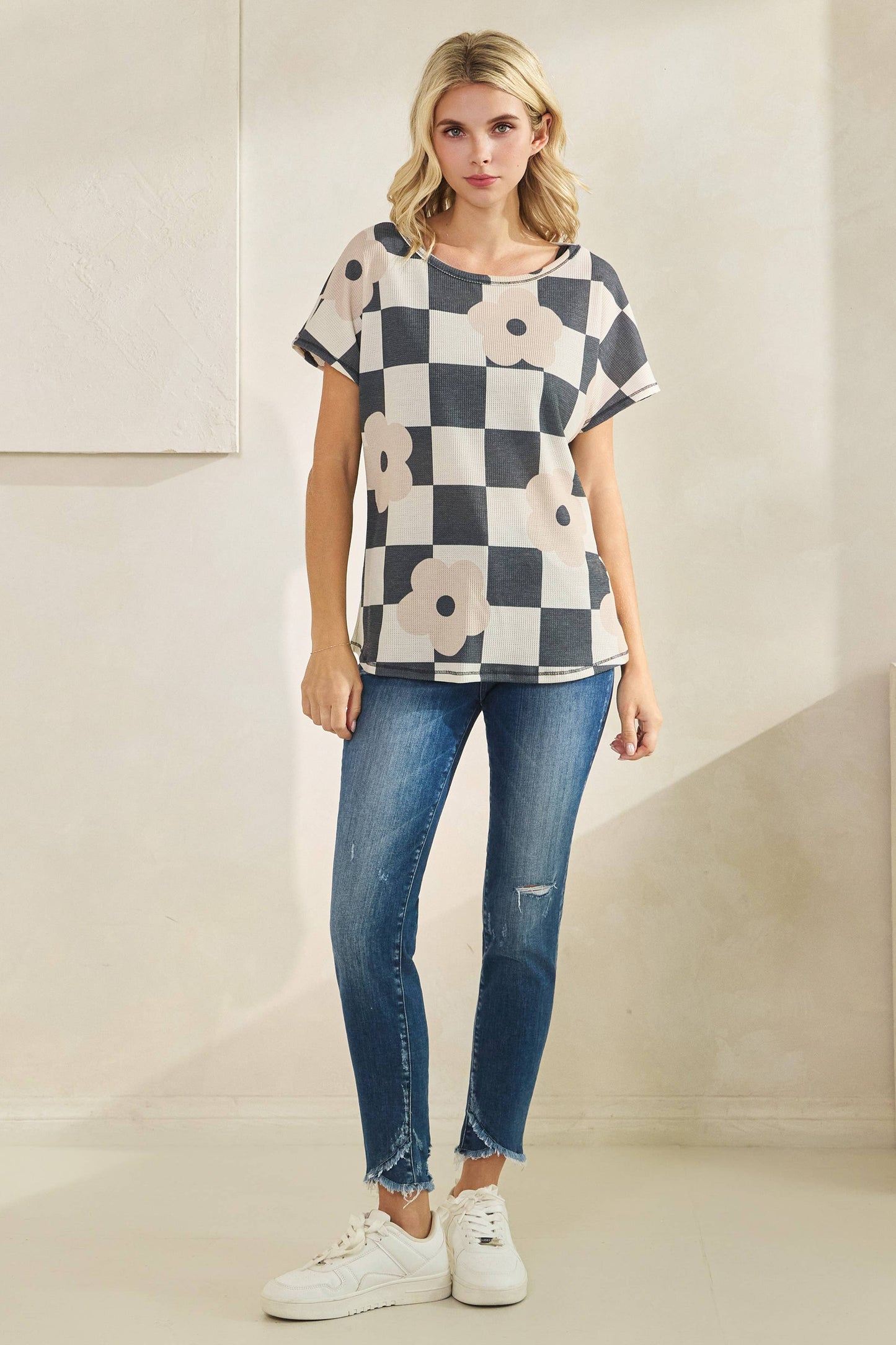 Floral Checkered Knit Top