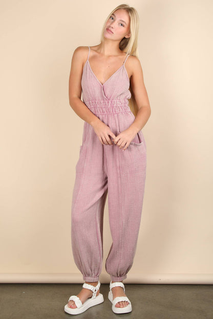 NP70837-Mineral Washed Cotton Gauze Casual Jumpsuit